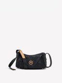 A black textured leather shoulder bag with a gold-tone circular logo on the front, a tan leather strap detail, and a black adjustable shoulder strap, shown against a plain light gray background.